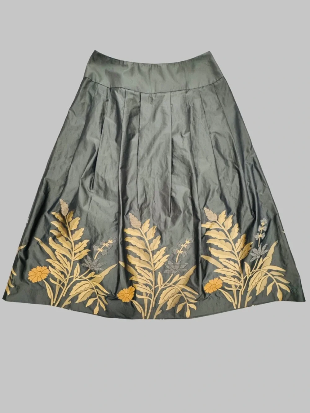 Juliana Collezione Gray Embroidered Midi Skirt Gold Floral Lined USA 8 - Picture 13 of 16